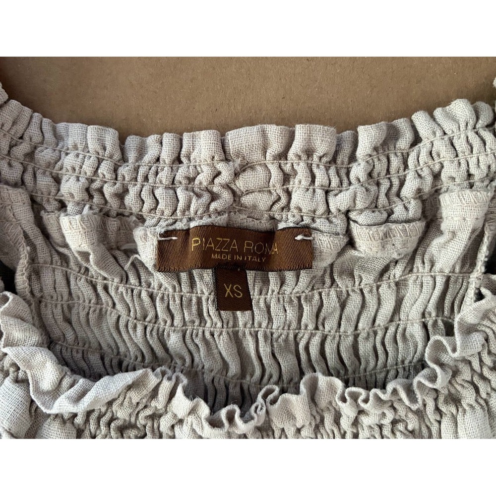 Piazza Roma Womens Linen Smocked Ruffle Top Beige XS Italy Lagenlook Minimalist - Picture 3 of 7